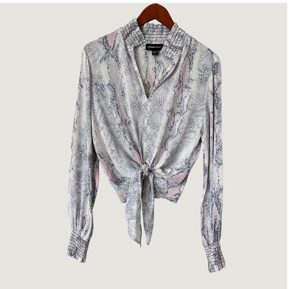 Fifteen Twenty Snakeskin Print Tie Front Blouse Pink Grey Smocked Neck Small